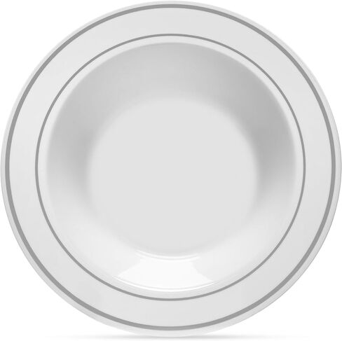 Silver Rimmed White Bowls - 12 ounce - 50 Count - Hard Plastic - Disposable or Reusable - Dessert Bowls - Salad Bowls- Cereal Bowls - Pasta Bowls - Ideal for Weddings,Parties,Gatherings, Events &More! in Kuwait