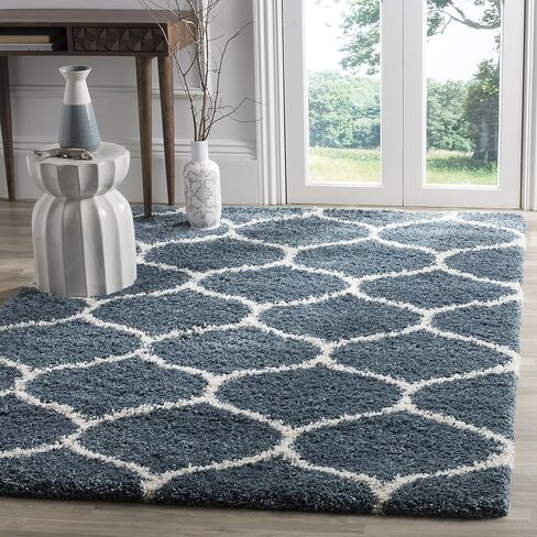 SAFAVIEH Hudson Shag Collection Area Rug - 8' x 10', Slate Blue & Ivory, Trellis Design, Non-Shedding & Easy Care, 2-inch Thick Ideal for High Traffic Areas in Living Room, Bedroom (SGH280L) in Saudi Arabia