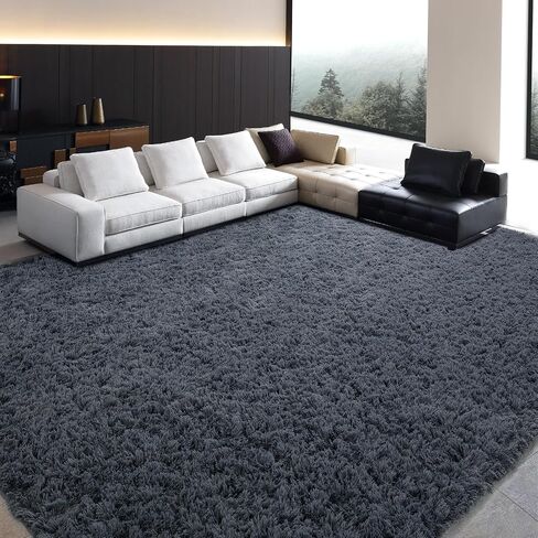 HOMBYS Fluffy Area Rug 10x14 ft for Living Room, Large Soft Shaggy Faux Fur Carpet for Bedroom, Non-Skid Plush Fuzzy Rug for Kids Playroom Home Decor, Black in Saudi Arabia