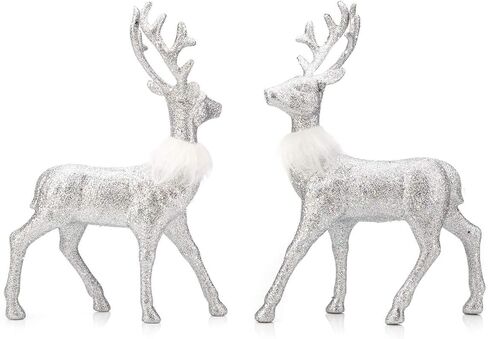 ARCCI Christmas Reindeer Figurine Decorations 2 Pack, 12.6" Standing Glitter Deer Statues Holidays Ornaments, Xmas Elk Table Centerpiece Home Decor, Silver in Saudi Arabia