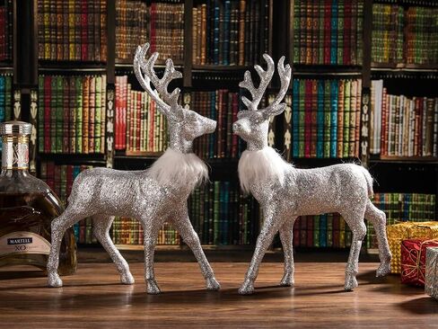 ARCCI Christmas Reindeer Figurine Decorations 2 Pack, 12.6" Standing Glitter Deer Statues Holidays Ornaments, Xmas Elk Table Centerpiece Home Decor, Silver in Saudi Arabia