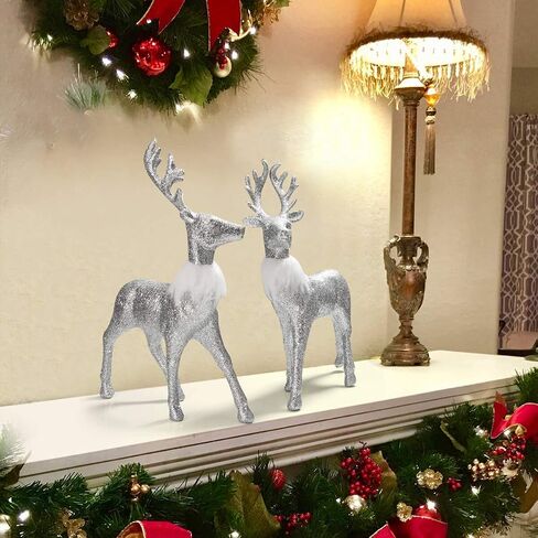 ARCCI Christmas Reindeer Figurine Decorations 2 Pack, 12.6" Standing Glitter Deer Statues Holidays Ornaments, Xmas Elk Table Centerpiece Home Decor, Silver in Saudi Arabia