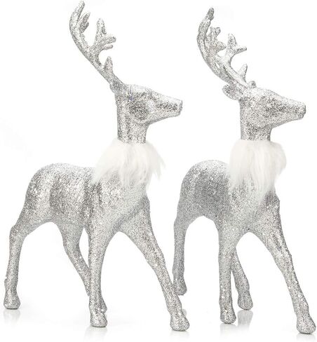 ARCCI Christmas Reindeer Figurine Decorations 2 Pack, 12.6" Standing Glitter Deer Statues Holidays Ornaments, Xmas Elk Table Centerpiece Home Decor, Silver in Saudi Arabia