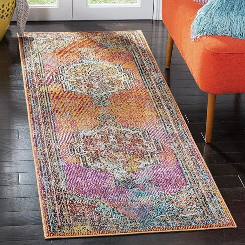 SAFAVIEH Crystal Collection Runner Rug - 2'2" x 11', Orange & Light Blue, Medallion Distressed Design, Non-Shedding & Easy Care, Ideal for High Traffic Areas in Living Room, Bedroom (CRS502A) in Saudi Arabia