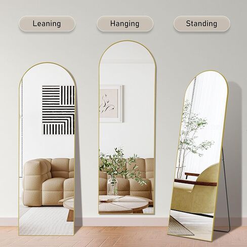 OLIXIS Arched Full Length Mirror with Stand, Full Length Mirror for Bedroom, Cloakroom, Living Room, Aluminum Alloy Thin Frame, 64"x21" Large, Floor Standing Tall, Gold in Kuwait