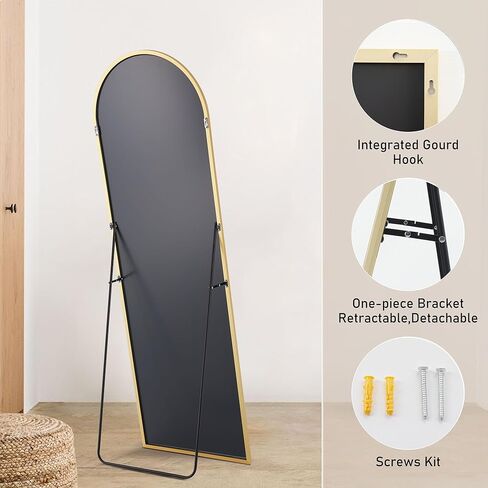 OLIXIS Arched Full Length Mirror with Stand, Full Length Mirror for Bedroom, Cloakroom, Living Room, Aluminum Alloy Thin Frame, 64"x21" Large, Floor Standing Tall, Gold in Kuwait