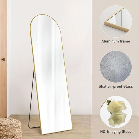 OLIXIS Arched Full Length Mirror with Stand, Full Length Mirror for Bedroom, Cloakroom, Living Room, Aluminum Alloy Thin Frame, 64"x21" Large, Floor Standing Tall, Gold in Kuwait
