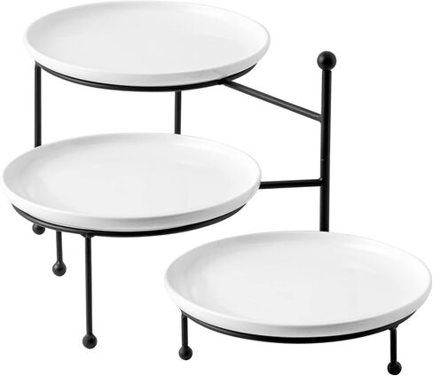 Kanwone 3 Tiered Serving Stand with White Porcelain Plates, Tiered Tray Stand, 10" x 10" Tier Serving Trays with Black Metal Stand for Entertaining, 3 Tier Cupcake Stand, Dessert Stand in Saudi Arabia