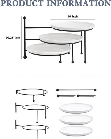 Kanwone 3 Tiered Serving Stand with White Porcelain Plates, Tiered Tray Stand, 10" x 10" Tier Serving Trays with Black Metal Stand for Entertaining, 3 Tier Cupcake Stand, Dessert Stand in Saudi Arabia