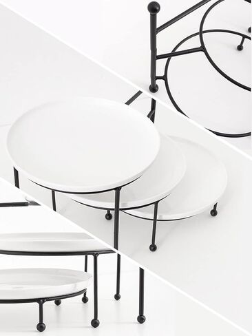 Kanwone 3 Tiered Serving Stand with White Porcelain Plates, Tiered Tray Stand, 10" x 10" Tier Serving Trays with Black Metal Stand for Entertaining, 3 Tier Cupcake Stand, Dessert Stand in Saudi Arabia