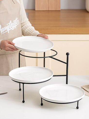 Kanwone 3 Tiered Serving Stand with White Porcelain Plates, Tiered Tray Stand, 10" x 10" Tier Serving Trays with Black Metal Stand for Entertaining, 3 Tier Cupcake Stand, Dessert Stand in Saudi Arabia