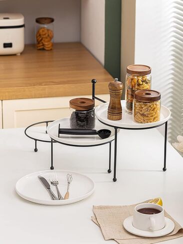 Kanwone 3 Tiered Serving Stand with White Porcelain Plates, Tiered Tray Stand, 10" x 10" Tier Serving Trays with Black Metal Stand for Entertaining, 3 Tier Cupcake Stand, Dessert Stand in Saudi Arabia