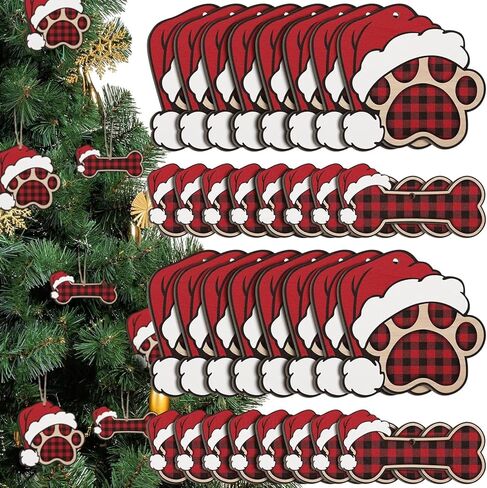 36 Pcs Dog Paw Christmas Ornament Pet Paw Wooden Dog Bone Paw Print Cutout Dog Hanging Wood Dog Decoration Buffalo Plaid Cutout Jute Christmas Tree Gift in Saudi Arabia