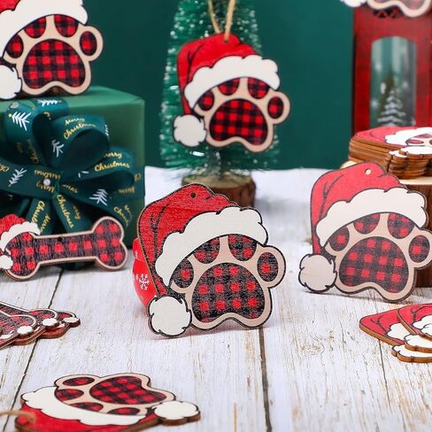 36 Pcs Dog Paw Christmas Ornament Pet Paw Wooden Dog Bone Paw Print Cutout Dog Hanging Wood Dog Decoration Buffalo Plaid Cutout Jute Christmas Tree Gift in Saudi Arabia