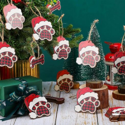 36 Pcs Dog Paw Christmas Ornament Pet Paw Wooden Dog Bone Paw Print Cutout Dog Hanging Wood Dog Decoration Buffalo Plaid Cutout Jute Christmas Tree Gift in Saudi Arabia