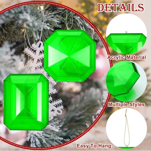 4 Pack Jewel Christmas Ornaments 3.9"- 6.2" Xmas Tree Hanging Ornaments Acrylic Rectangle Jewel Hanging Decors Glitter Xmas Rectangle Gemstones for Xmas Wedding Holiday Party Decor(Red) in Kuwait