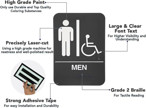 All Gender Braille Restroom Sign Black | Comes With Double Sided 3M Tape to Secure Perfectly in Less Than a Minute | Unique Design and Highly Visible - Dimensions 9 x 6 Inch in Saudi Arabia