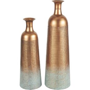 Deco 79 Metal Decorative Vase Ribbed Textured Centerpiece Vases with Distressed Teal Accents, Set of 2 Flower Vases for Home Decoration 29", 23" H, Copper