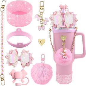 Bling Stanley Cup Accessories for 40oz & 30oz Tumbler including Silicone Cute Bow Straw Topper Cover, Silicone Stanley Cup Boot,Leather Water Bottle Handle Strap, Stanley Charms(Pink)