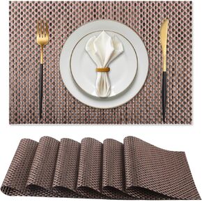Vinyl Plastic Placemats Set of 6 Washable Heat Resistant Non-Slip Elegant Indoor&Outdoor Kitchen Dining PVC Woven Table Place Mats (Gold Weaving)