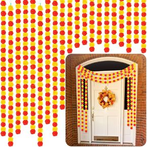 Yunsailing 20 Pcs Diwali 5 ft Marigold Garland Marigold Garlands Decoration Indian Flowers for Decoration Artificial Marigold Flowers for Day of The Dead Altar Wedding Party (Red and Yellow)