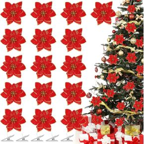 36 Pcs Christmas Glitter Poinsettia Flowers Artificial Flowers Glitter Poinsettia with Clips Christmas Wreath Christmas Tree Ornaments for Christmas Tree Decor Wreaths Holiday Decor (Silver)