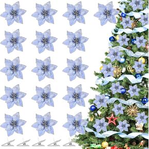 36 Pcs Christmas Glitter Poinsettia Flowers Artificial Flowers Glitter Poinsettia with Clips Christmas Wreath Christmas Tree Ornaments for Christmas Tree Decor Wreaths Holiday Decor (Silver)