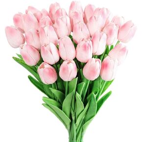 20pcs White Tulips Artificial Flowers Silk Tulips Flowers Fake Tulips Flowers Mother's Day Easter Valentine’S Day Gifts in Home Kitchen Wedding Dining Table Decorations