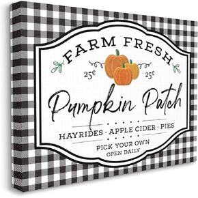 Stupell Industries Farm Fresh Pumpkin Patch Sign Black Checkered Plaid, AE Design Canvas Wall Art, 24x30