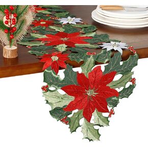 GRANDDECO Christmas Holiday Table Runner for Farmhouse Parties Embroidered Red Christmas Flower Dresser Scarves Xmas Home Kitchen Dinner Table Decoration (Table Runner 13X54(33X137cm), Red)