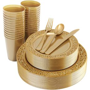 150Pcs Gold Plastic Plates,Clear Gold Plastic Dinnerware Set, Lace Design Thanksgiving Plates Set Include: 25 Dinner Plates, 25 Dessert Plates, 25 Cups, 25 Gold Silverware Set for Thanksgiving Party