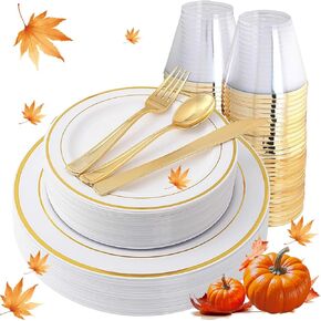 150Pcs Gold Plastic Plates,Clear Gold Plastic Dinnerware Set, Lace Design Thanksgiving Plates Set Include: 25 Dinner Plates, 25 Dessert Plates, 25 Cups, 25 Gold Silverware Set for Thanksgiving Party