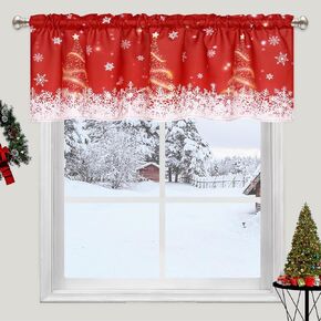 Snowflake Print Christmas Valance Curtains for Kitchen Gold Sparkle Christmas Tree Red Ombre Window Valances Rod Pocket Window Treatment for Cafe Bathroom Bedroom Drapes 52''W x 18''L, 1 Panel