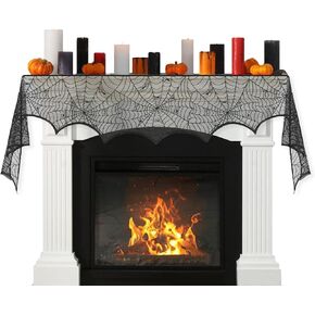 Halloween Decoration Indoor Outdoor - Black Lace Spiderweb Fireplace Mantle Scarf Cover Party Supplies Docor 18 x 96 inch