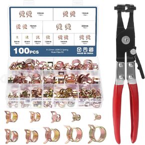 OCR 100 Pack 6-22mm 10Size Fuel line Spring Clamp Silicone Vacuum Hose Pipe Clamp Steel Wire Tube Pipe Clip With a Hose Clamp Pliers