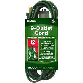 Woods Light Duty Indoor Extension Cord, 12Ft, 18/2, STP-2, 9 Outlet Cord, Green, 32189