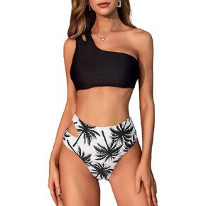 GORGLITTER Women's One Shoulder Swimsuit High Waisted Cut Out Tropical Bikini Set Bathing Suit