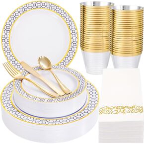 Nervure 175PCS Orange Plastic Plates - White Orange Gold Disposable Plates Include 25Dinner Plates, 25Dessert Plates, 25Cups, 25Forks, 25Knives, 25Spoons, 25Napkins for Thanksgiving Party