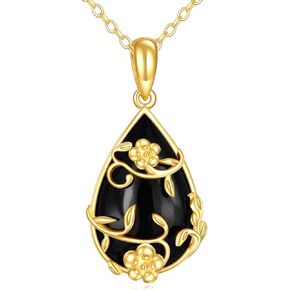 KECHO 14K Real Gold Black Crystal Necklace Vintage Pendant Solid Yellow Gold Gothic Jewelry Gifts for Women