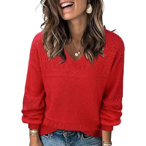 Messic Womens Pullover Sweaters 2024 Casual Long Sleeve V Neck Lightweight Loose Knit Tops
