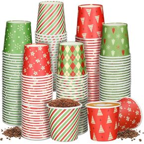 Maxcheck 300 Pcs Christmas Paper Cups 4 oz Disposable Holiday Supplies 6 Styles Paper Coffee Espresso Cups Xmas Green Red Drink Drinkware for Chocolate Tea Cocoa Beverage Party Office