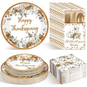 264 Pcs Thanksgiving Plates Napkins Disposable Cutlery Holder Set Thanksgiving Centerpieces for Table Decoration Dinner Autumn Leaves Fall Harvest Wedding Decoration