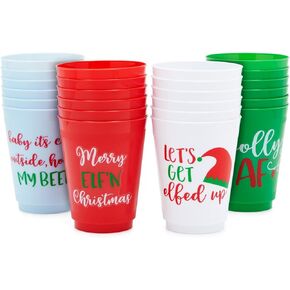 BLUE PANDA - 24 Pack Plastic Christmas Cups, 16oz Reusable Tumblers for Holiday Party Supplies Decorations (4 Designs)