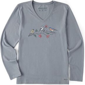 Life is Good. Women's Dreamy Three Birds LS Crusher-LITE Vee, Stone Blue, XX-Large