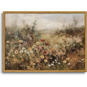 OIQArtOIQ Vintage Wildflowers Landscape Wall Art Framed Floral Natural Scenery Oil Painting Canvas Prints Country Farmhouse Fall Decor Pictures Kitchen Bedroom Living Room Bathroom