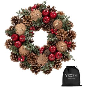 Christmas Wreath, Natural Dry Pine Cone Door Wreath for Home Indoor Front Porch Entrance Decorations (13 Inch)