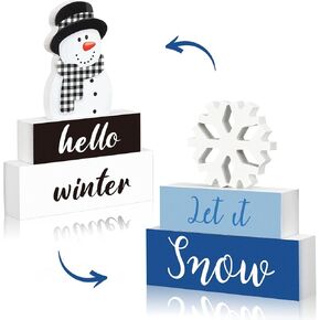 Redbaker 4 Pcs Christmas Wooden Signs Decor 3 Layered Hello Winter Sign Double Side Wooden Block Let It Snow Wooden Blocks Rustic Snowflake Wooden Decor for Winter Home Table Shelf