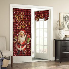 BEMIGO Door Curtains for Door Windows, Santa Christmas Tree Door Window Curtains for French Glass Door, Privacy Thermal Insulated Tie Up Door Shades, Red Buffalo Plaid Door Curtains 26 x 70 inch