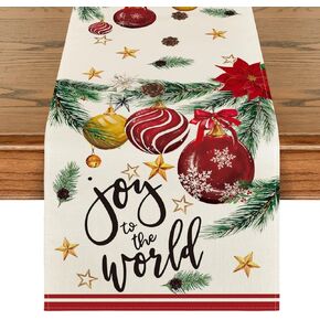Artoid Mode Joy to The World Xmas Balls Christmas Table Runner, Pine Cone Winter Holiday Kitchen Dining Table Decoration for Home Party Decor 13 x 72 Inch