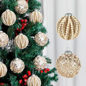 Champagne Christmas Ornaments, 12 pcs Large Christmas Baubles Glitter Pearl Balls 3.15inch 80mm for Holiday Party Home Decor Christmas Tree Decorations